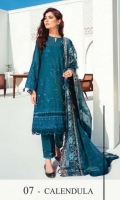 Embroidered Swiss Lawn Front Plain Swiss Lawn Back Embroidered Swiss Lawn Sleeves Embroidered Sleeves Patch Embroidered Front + Back Patch Embroidered Chiffon Dupatta Embroidered Dupatta Patches (2) Dyed Cambric Lawn Trouser 
