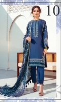 Embroidered Swiss Lawn Front Embroidered Swiss Lawn Side Panel Plain Swiss Lawn Back Embroidered Neckline Patch Embroidered Swiss Lawn Sleeves Embroidered Front Patch Embroidered Front + Back Patch Embroidered Chiffon Dupatta Dyed Cambric Lawn Trouser