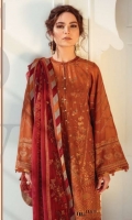Embroidered Swiss Lawn Front Panel Embroidered Swiss Lawn Side Panels (2) Plain Swiss Lawn Back Embroidered Swiss Lawn Sleeves Embroidered Sleeves Patch Embroidered Front + Back Patch Embroidered Chiffon Dupatta Dyed Cambric Lawn Trouser