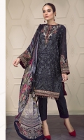 EMBROIDERED SWISS LAWN FRONT PANEL EMBROIDERED SWISS LAWN SIDE PANELS (2) EMBROIDERED SWISS LAWN SLEEVES PLAIN SWISS LAWN BACK EMBROIDERED SLEEVES PATCH EMBROIDERED FRONT + BACK PATCH DIGITAL PRINTED CHIFFON DUPATTA DYED CAMBRIC LAWN TROUSERS