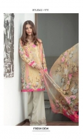 Chiffon Dupatta: 2.5 M Cambric Front Printed: 1.1 M Cambric Back Printed: 1.1 M Cambric Sleeves Printed: 0.6 M Cambric Dyed Pants: 2.5 M Embroidered Front Border: 0.7M  Embroidered Pant Border: 1.0 M Embroidered Neckline
