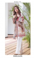 Chiffon Dupatta: 2.5 M Cambric Front Printed: 1.1 M Cambric Back Printed: 1.1 M Cambric Sleeves Printed: 0.6 M Cambric Dyed Pants: 2.5 M Embroidered Front Motif: 1 P Embroidered Neckline Patti: 0.9 M Embroidered Front Border: 0.7 M Embroidered Pant Motifs: 2 P