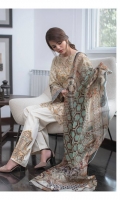 Chiffon Dupatta: 2.5 M Cambric Front Printed: 1.1 M Cambric Back Printed: 1.1 M Cambric Sleeves Printed: 0.6 M Cambric Dyed Pants: 2.5 M Embroidered Front Border: 0.7 M Embroidered Pant Motifs: 2 P Embroidered Side Patti: 2.0 M Embroidered Neckline