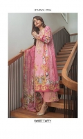 Chiffon Dupatta: 2.5 M Cambric Front Printed: 1.1 M Cambric Back Printed: 1.1 M Cambric Sleeves Printed: 0.6 M Cambric Dyed Pants: 2.5 M Embroidered Front Border: 0.7 M Embroidered Pants Motifs: 2 P Embroidered Neckline