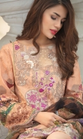 Chiffon Dupatta Printed: 2.5 M Cambric Front Printed: 1.1 M Cambric Back Printed: 1.1 M Cambric Sleeves Printed: 0.6 M Cambric Dyed Pants: 2.5 M Embroidered Neckline: 1 Pc Embroidered Front Border: 0.7M