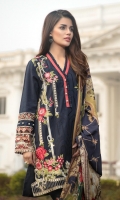 Khaddi Net Dupatta Printed: 2.5 M Khaddar Front Embroidered: 1.1 M Khaddar Back Dyed: 1.1 M Khaddar Sleeves Dyed: 0.6 M Khaddar Dyed Pants: 2.5  Embroidered Front Patch: 2 Pc Embroidered Front Border: 0.7 M Embroidered Pant Motifs: 2 Pc