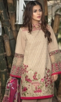 Khaddi Net Dupatta Printed: 2.5 M Khaddar Front Embroidered: 1.1 M Khaddar Back Dyed: 1.1 M Khaddar Sleeves Dyed: 0.6 M Khaddar Dyed Pants: 2.5  Embroidered Front Patch: 1 Pc Embroidered Front Border: 0.7 M Embroidered Pant Motifs: 2 Pc Embroidered Sleeves Border: 1.0 M