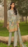 Printed Shirt: 2.9 M Dyed Pants: 2.5 M Printed Chiffon Dupatta: 2.5 M Embroidered Neckline: 1 Pc  Embroidered Pant Motifs: 2 Pc