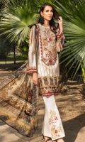 Printed Shirt: 2.9 M Dyed Pants: 2.5 M Printed Chiffon Dupatta: 2.5 M Embroidered Neckline: 1 Pc Embroidered Pant Motifs: 2 Pc