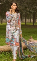 Printed Shirt: 2.9 M Dyed Pants: 2.5 M Printed Chiffon Dupatta: 2.5 M Embroidered Neckline: 1 Pc Embroidered Pant Motifs: 2 Pc