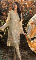 Embroidered Front: 1 M Dyed Back: 1 M Dyed Sleeves: 0.6 M Dyed Pants: 2.5 M Printed Chiffon Dupatta: 2.5 M Embroidered Pant Motifs: 2 Pc Embroidered Sleeves Motifs: 2 Pc Embroidered Front border: 0.6 M
