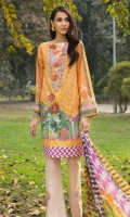 Printed Shirt: 2.9 M Dyed Pants: 2.5 M Printed Chiffon Dupatta: 2.5 M Embroidered Neckline: 1 Pc  Embroidered Pants Motifs: 2 Pc