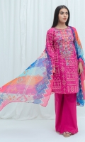 2.9 Mtrs Printed Lawn Shirt With Embroidery 0.7 Mtrs Embroidered Sleeve Border 2.5 Mtrs Printed Blended Chiffon Dupatta 2.5 Mtrs Dyed Pants