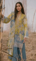 Printed Shirt: 2.9 M Printed Lawn Dupatta: 2.5 M Dyed Pants: 2.5 M Embroidered Neckline Patti: 0.8 M Embroidered Front border: 0.6 M