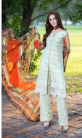 DYED LAWN FRONT EMBROIDERED: 1.25 MTR DIGITAL LAWN BACK SLEEVES: 1.75 MTR DIGITAL  CHIFFON  DUPATTA: 2.50 MTR DYED TROUSER   : 2.50 MTR EMBROIDERED DAMAN PATCH