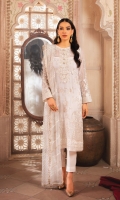Embroidered Chiffon Front Embroidered Organza Neckline Patch Embroidered Chiffon Back Embroidered Organza Front And Back Border Embroidered Chiffon Sleeves Embroidered Organza Sleeve Patch Raw Silk Pants Embroidered Net Dupatta