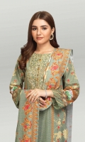 Digital Printed Light Weight Khaddar Shirt: 1.70 M  Digital Printed Light Weight Khaddar Dupatta: 2.50 M  Dyed Light Weight Khaddar Trouser: 1.80 M  Embroidery: Neckline Organza