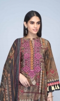 Digital Printed Light Weight Slub Khaddar Shirt: 1.75 M  Digital Printed Light Weight Slub Khaddar Dupatta: 2.50 M  Dyed Light Weight Slub Khaddar Trouser: 2.00 M  Embroidery: Neckline On Organza