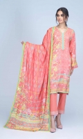 Digital Printed Embroidered Viscose Shirt: 1.75 M  Digital Printed Viscose Dupatta: 2.50 M  Dyed Viscose Trouser: 2.00 M  Embroidery: 2.00 M Organza Border On Trouser