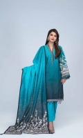 Digital Printed Light Weight Slub Khaddar Shirt: 1.75 M  Digital Printed Light Weight Slub Khaddar Dupatta: 2.50 M  Dyed Light Weight Slub Khaddar Trouser: 2.00 M  Embroidery: Bunches On Organza