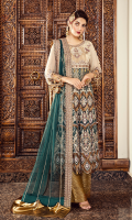 • Embroidered Chiffon front body: 1 Pc • Embroidered Chiffon back body: 1 Pc • Embroidered Chiffon front kali: 2 yard • Embroidered Chiffon back kali: 2 yard • Embroidered Chiffon sleeves: 0.75 • Embroidered Net dupatta: 2.5 yard • Jamawar trouser: 2.5 yard