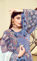 • Embroidered Chiffon front: 1 Yard • Embroidered Chiffon back: 1 Yard • Embroidered Chiffon Sleeves: 0.75 • Front back Organza Embroidered Patti: 2 Yard • Organza Embroidered Dupatta Palu: 2 Yard • Silk Embroidered Dupatta: 2.5 Yard • Viscos Trouser: 2.5 yard