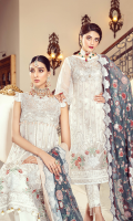 • Embroidered Organza front: 1 Yard • Embroidered Organza back: 1 Yard • Front & Back Organza Body • Embroidered Organza Sleeves: 0.75 • Front Back Embroidered Organza Patti: 2 Yard • Embroidered Sleeves Organza Patti: 1 Yard • Embroidered Chiffon Dupatta: 2.5 Yard • Embroidered Organza Trouser Patches: 2 Pcs • Viscos Trouser: 2.5 Yard