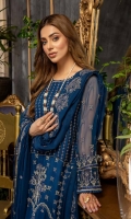 Shirt Embroidered Chiffon Front 1M Embroidered Chiffon Sleeves 26 Inches Embroidered Chiffon Back 1.4M Inner Shirt 2.25M  Trouser Raw Silk Trouser 2.5 M  Dupatta Embroidered Chiffon Dupatta 2.5M