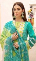 Shirt Lawn Printed Front + Back + Sleeves 3.4M  Trouser Cotton Trouser 2.5 M  Dupatta Embroidered Printed Chiffon Dupatta 2.5 M