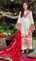 Shirt Embroidered Front Lawn Broshia 1.4M Lawn Broshia Back 1.4M Embroidered Schiffli Sleeves 26 Inches Embroidered Front Neckline 1 PCS Embroidered sleeves + Daman Patti 2.5M  Trouser Cotton Trouser 2.5 M  Dupatta Embroidered Chiffon Dupatta 2.5 M