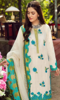 Shirt Embroidered Front Lawn Broshia 1.4M Brosha Lawn Back 1.4M Embroidered Schiffli Sleeves 26 Inches Embroidered Sleeves Patti 1.5M Embroidered Front Daman Motif 2Pcs Embroidered Back Daman Motif 1Pcs Embroidered Front Neck Patti 1.5M  Trouser Cotton Trouser 2.5 M  Dupatta Embroidered Dupatta Cotton Zari Lining 2.5M Embroidered Dupatta Patti 8M