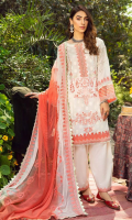 Shirt Embroidered Front Lawn Broshia 1.4M Brosha Lawn Back 1.4M Embroidered Front Daman Patti 1M Embroidered Pearl Chiffon Sleeves 26 Inches Embroidered Sleeves + Trouser + Back Daman Patti 4M  Trouser Cotton Trouser 2.5 M  Dupatta Embroidered Chiffon Dupatta 2.5 M Finishing 1Pcs