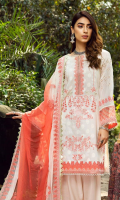 Shirt Embroidered Front Lawn Broshia 1.4M Brosha Lawn Back 1.4M Embroidered Front Daman Patti 1M Embroidered Pearl Chiffon Sleeves 26 Inches Embroidered Sleeves + Trouser + Back Daman Patti 4M  Trouser Cotton Trouser 2.5 M  Dupatta Embroidered Chiffon Dupatta 2.5 M Finishing 1Pcs