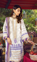 Shirt Embroidered Front Lawn Broshia 1.4M Brosha Lawn Back 1.4M Embroidered Schiffli Sleeves 26 Inches Embroidered Sleeves + Trouser+Back and Daman Patti 2.5M  Trouser Cotton Trouser 2.5 M  Dupatta Embroidered Chiffon Dupatta 2.5 M