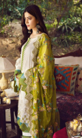 Shirt Embroidered Front Lawn Broshia 1.4M Brosha Lawn Back 1.4M Embroidered Schiffli Sleeves 26 Inches Embroidered Sleeves and Daman Patti 2M Embroidered Front Neckline+Trouser Patti 2.5M  Trouser Cotton Trouser 2.5 m  Dupatta Embroidered Chiffon Dupatta 2.5M