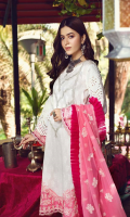 Shirt Broshia Lawn Front & Back 2.5M Embroidered Schiffli Sleeves 26 Inches Embroidered Front Neckline 1 Pcs Embroidered Front Daman Motif 1 Pcs Embroidered Sleeves + Daman Patti 2M Embroidered Sleeves +Chalk +Trouser Patti 6M  Trouser Cotton Trouser 2.5 M  Dupatta Embroidered Chiffon Dupatta 2.5M