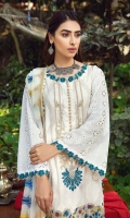 Shirt Front +Back Lawn Broshia 2.5M Embroidered Schiffli Sleeves 26 Inches Embroidered Front Neckline 1 PCS Embroidered Front Daman Patti 1M Embroidered sleeves +Side Slit patti  6.8M  Trouser Cotton Trouser 2.5 M  Dupatta Embroidered Chiffon Dupatta 2.5 M