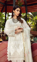 Shirt Embroidered Front Lawn Broshia 1.4M Back Lawn Broshia 1.4M Embroidered Pearl Chiffon Sleeves 26 Inches Embroidered Front + Back + Daman Patti 2M  Trouser Cotton Trouser 2.5 M Embroidered Trouser Patti 1.5M  Dupatta Embroidered Chiffon Dupatta 2.5 M