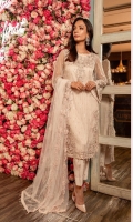 Ready to wear net fabric shirt with attached resham lawn inner, embroidered front back & sleeves with adda work, raw silk embroidered trouser, net fabric embroidered dupatta with adda work.