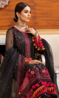 Shirt Embroidered Chiffon Front 1M Embroidered Chiffon Back Sleeves 2M Embroidered Front Back Sleeves patti 2.5M Inner shirt 2.25M  Trouser Raw Silk Trouser 2.5M  Dupatta Embroidered chiffon dupatta 2.5M