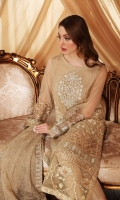 Shirt Embroidered Organza Front 1 m Organza Sleeves 0.5 m Embroidered Organza Back 1 m Embroidered Front + Back Daman Patti 1.5 m Embroidered Sleeves Patti 1 m Trouser Raw Silk Trouser 2.5 m Dupatta Embroidered Net Dupatta 2.5 m