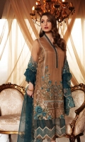 Shirt Embroidered Chiffon Front 1 m Chiffon Back + Sleeves 2 m Embroidered Neck Patti Front 1.5 m Embroidered Sleeves Patti 1 m Embroidered Daman Patti Front 1 m Inner Shirt 1.5 m  Trouser Embroidered Trouser Motif 2 Pieces Raw Silk Trouser 2.5  Dupatta Embroidered Dupatta Patti 5 m Embroidered Organza Dupatta 2.5 m Finishing Patti 1 Piece