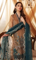 Shirt Embroidered Chiffon Front 1 m Chiffon Back + Sleeves 2 m Embroidered Neck Patti Front 1.5 m Embroidered Sleeves Patti 1 m Embroidered Daman Patti Front 1 m Inner Shirt 1.5 m  Trouser Embroidered Trouser Motif 2 Pieces Raw Silk Trouser 2.5  Dupatta Embroidered Dupatta Patti 5 m Embroidered Organza Dupatta 2.5 m Finishing Patti 1 Piece