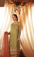 Shirt Embroidered Front Chiffon 1 m Back + Sleeves Chiffon 2 m Embroidered Sleeves Motif 2 pcs 2 Embroidered Damaan Patti 1 m each Embroidered Front + Back + Sleeves Patti 3 m Embroidered Sleeves + Front + Back Patti 3 m Embroidered Front Gala + Sleeves Patti 1 pcs Resham Lawn Inner Shirt 1.75 m Trouser Raw Silk Trouser 2.5 m Duppata Embroidered Duppata Net 2.5 m Finishing Patti 1 pcs