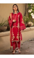 Shirt Embroidered lawn front and sleeve's finished with lace's and stitching details.back plain lawn finished with lace work. Trouser Embroidered cotton straight trouser finished with lace's and stitching details. Dupatta Lawn brosha dupatta finished with adda hanging.