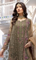 Shirt Embroidered adda work front chiffon 1.4M Embroidered Adda Work Sleeves Chiffon 26 Inches Chiffon Back 1.4M Embroidered Adda Work Front Daman Motif 1 Pcs Embroidered Adda Work Front Neckline 1 Pcs Embroidered adda work Front Daman Patti 33 inches Embroidered Sleeves Back Patti 1.5M Embroidered Front + Back + Sleeves Patti 2.5M Inner Shirt 2.25M  Trouser Raw Silk Trouser 2.5M Embroidered Trouser Patti 1.4M  Dupatta Adda Work Organza Dupatta 2.5M Embroidered Dupatta Patti 8M