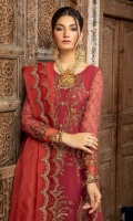 Shirt Embroidered adda work front chiffon 1M Embroidered Chiffon Sleeves 26 inches Embroidered adda work Front Daman + Sleeves Patti 1.75M Embroidered Back Daman Patti 30 Inches Chiffon Back 1.4M Inner Shirt 2.25M  Trouser Raw Silk Trouser 2.5M  Dupatta Organza Adda work Dupatta 2.5M Embroidered Dupatta Patti 8M Embroidered Dupatta Motif 4Pcs