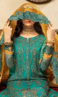 Shirt Embroidered adda work front chiffon 1M Embroidered Chiffon Back 1.4M Embroidered Adda Work Chiffon Sleeves 26 inches Embroidered adda work Sleeves Patti 1M Embroidered Adda Work Front Daman + Sleeves Patti 2M Embroidered Back Daman + Trouser Patti 2M Inner Shirt 2.25M  Trouser Raw Silk Trouser 2.5M  Dupatta Organza Jacquard Dupatta 2.5M Embroidered Dupatta Patti 8M