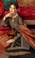 Shirt Embroidered adda work front chiffon 1M Chiffon Back + Sleeves 2M Embroidered adda work Front + sleeves Patti 1.5M Embroidered Back Daman Patti 1M Embroidered adda work Sleeves + Daman Patti 1.5M Embroidered Back Daman Patti 1M Inner Shirt 2.25M  Trouser Raw Silk Trouser 2.5M Embroidered Trouser Patti 1.5M  Dupatta Adda Work Organza Jacquard Dupatta 2.5M Embroidered Dupatta Patti 8M