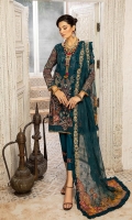 Shirt Embroidered Adda Work front Organza 1M Embroidered Adda Work Sleeves Organza 26 inches Embroidered Organza Back 1M Embroidered Front + Back Daman Patti 1.75M Inner Shirt 2.25M  Trouser Raw Silk Trouser 2.5M Embroidered Trouser Patti 1.5M  Dupatta Embroidered Dupatta Pallu Motif 2Pcs Embroidered Organza Dupatta 2.5M